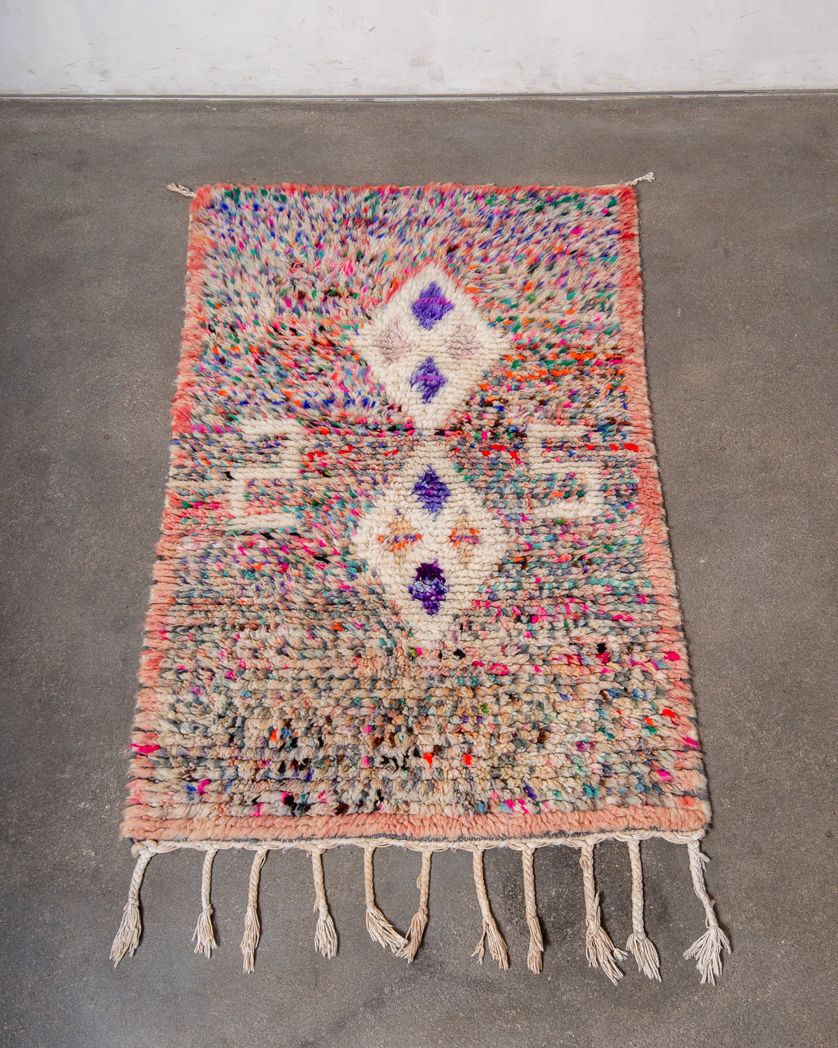 Modern, designer, handcrafted Berber rug from Morocco. Vintage carpet with beautiful colours and patterns and fluffy texture.